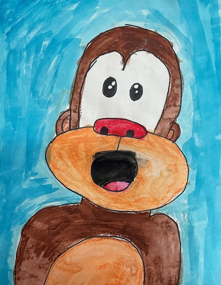 Money with a surprised look on his face water color painting
