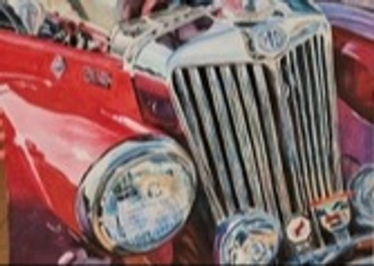 Opaque watercolor painting of a classic car