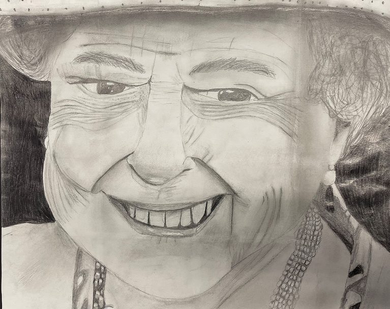 ebony pencil portrait drawing of Queen Elizabeth